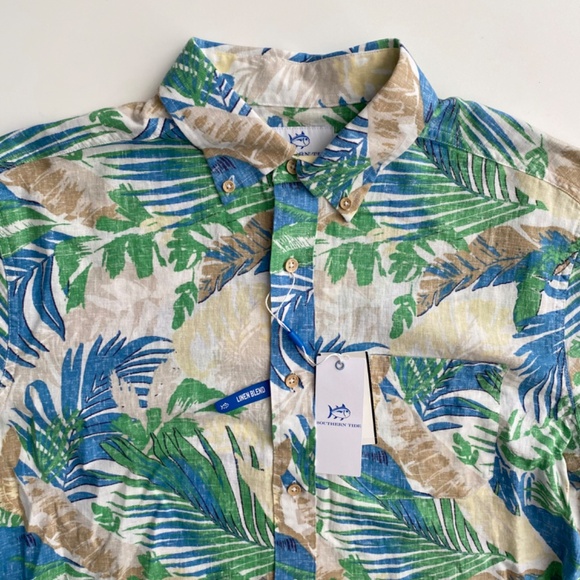 Southern Tide Nwt Palm Print Linen Blend Short Sleeve Woven Shirt - Picture 2 of 3